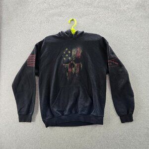 Grunt Style Men Hoodie MEDIUM Black Graphic Print Fleece Distressed Flag Skull